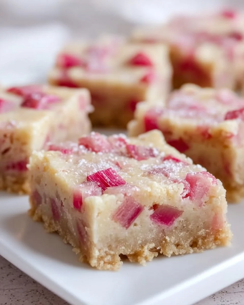 Delicious homemade rhubarb bars topped with crumble, perfect for dessert