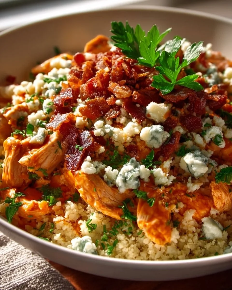 Buffalo Chicken and Beef Bake in a casserole dish, topped with cheese and garnish.