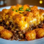 Cheesy Ground Beef and Tater Tot Casserole served in a baking dish