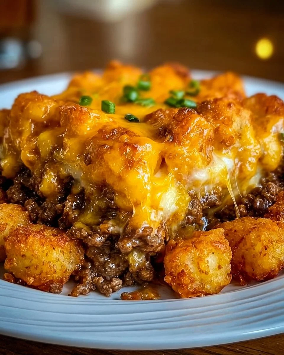 Cheesy Ground Beef and Tater Tot Casserole served in a baking dish