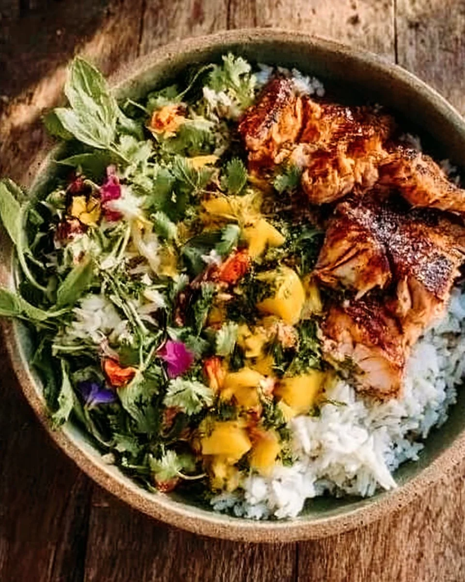 Chili Crisp Salmon Bowl topped with Avocado Mango Salsa, vibrant and flavorful dish.