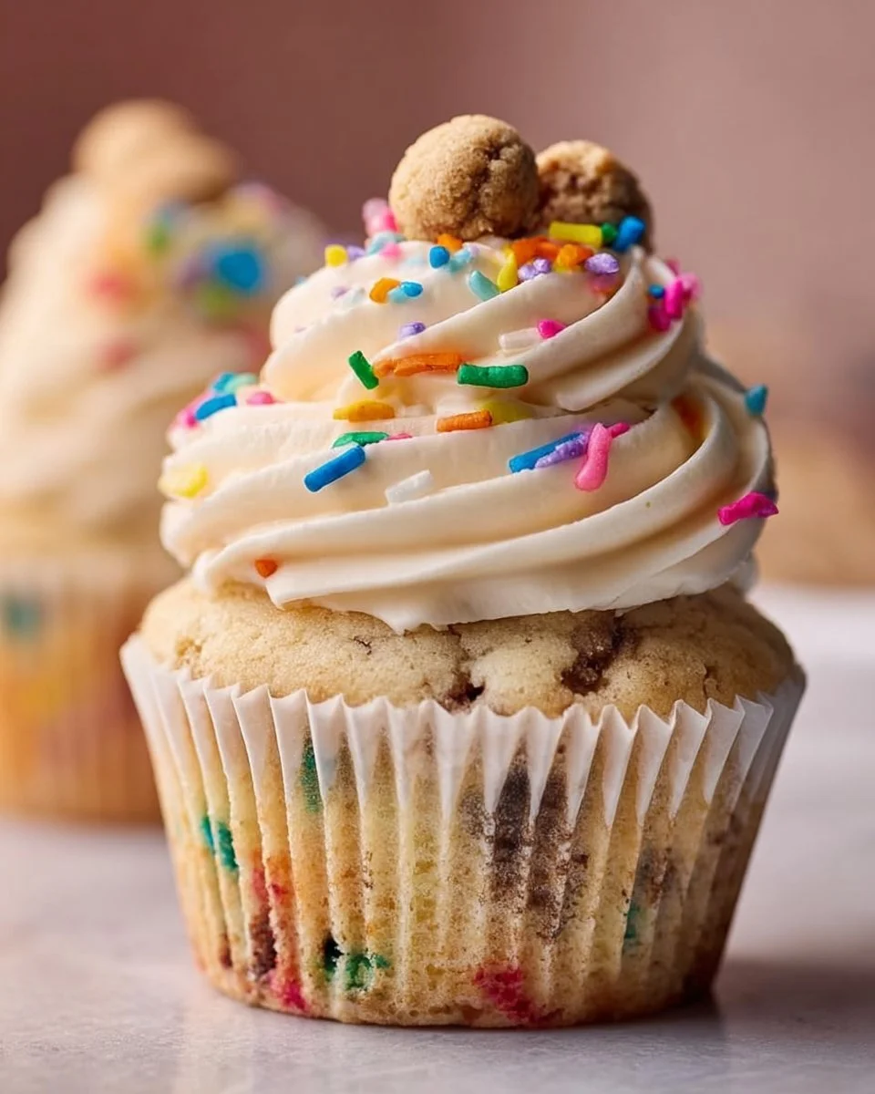 Delicious homemade cookie dough cupcakes topped with creamy frosting.