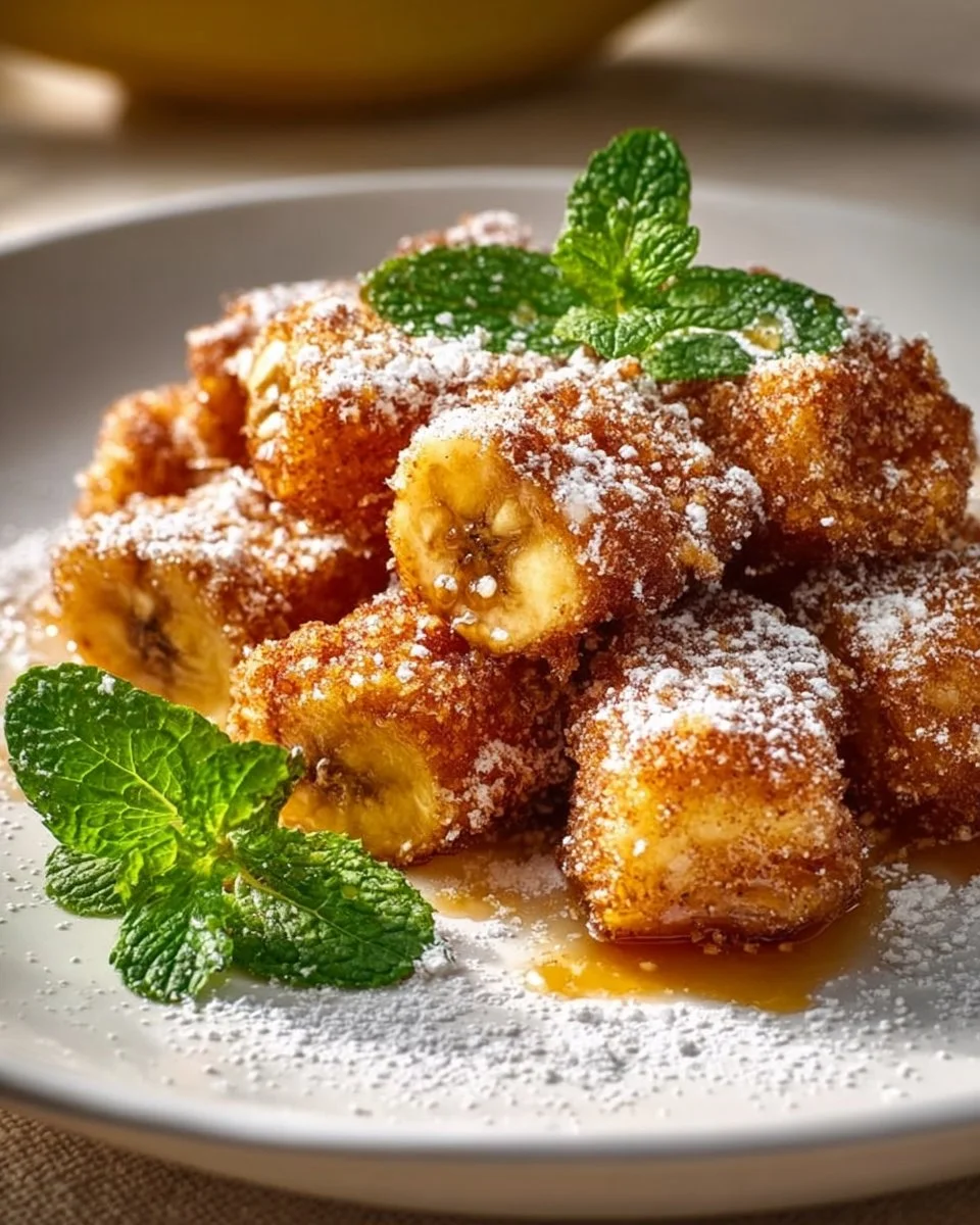 Crispy cinnamon sugar-coated banana bites on a plate