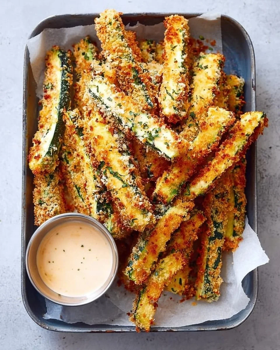 Freshly baked crispy zucchini fries served on a plate