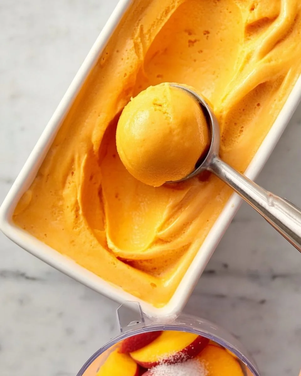 Easy homemade peach sorbet served in a bowl with fresh peaches