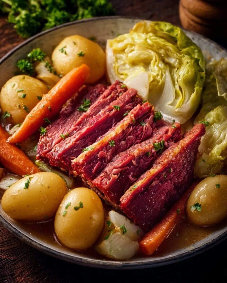 Slow cooker corned beef and cabbage dish served on a plate