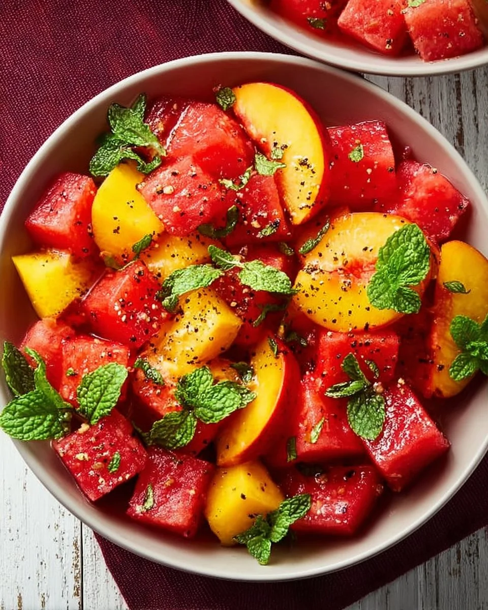 Delicious easy summer peach watermelon salad with fresh fruits and herbs