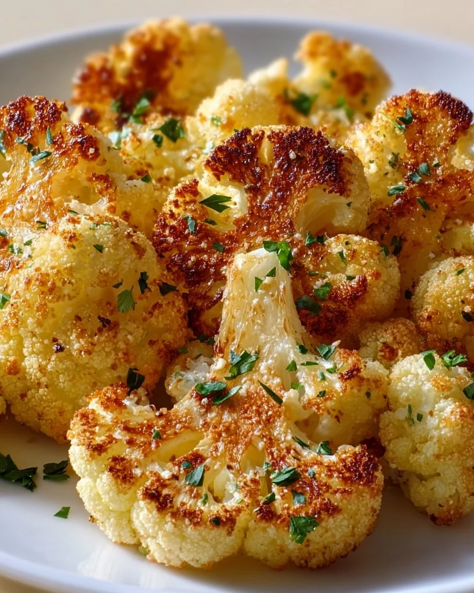 Bowl of Garlic Parmesan Roasted Cauliflower with fresh herbs