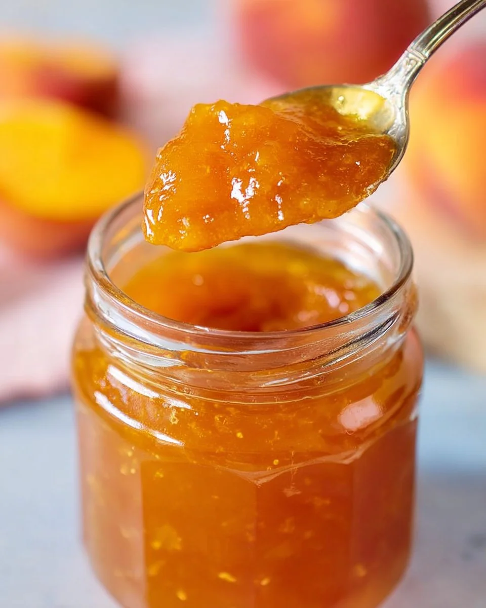 Delicious homemade peach jam in a jar with fresh peaches