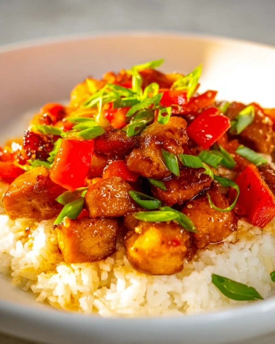 Plate of Honey Pepper Chicken served with rice and garnished with herbs