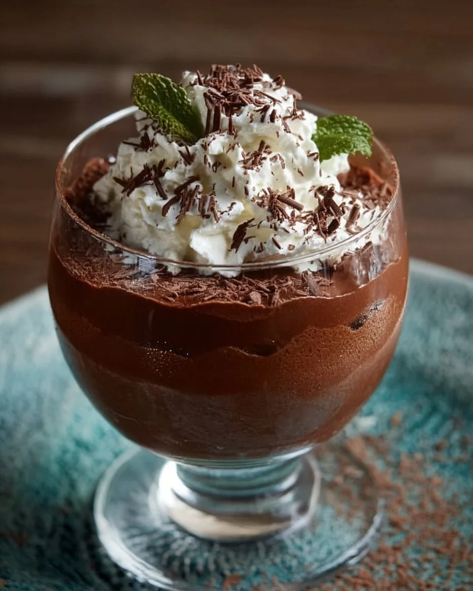Delicious Irish Cream Chocolate Mousse dessert topped with cocoa and cream.