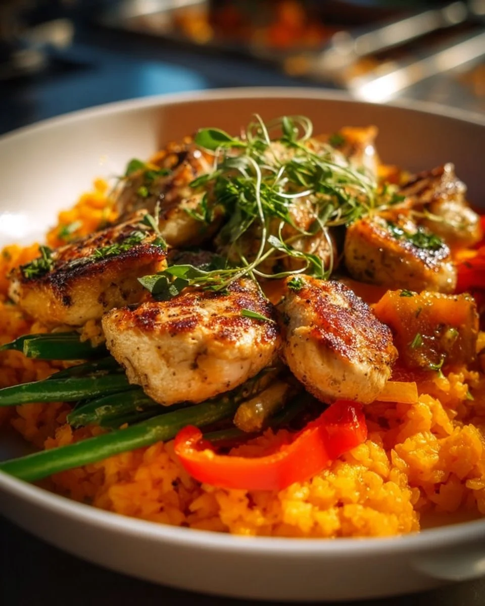 Lemon garlic chicken served with sweet potato and rice on a plate