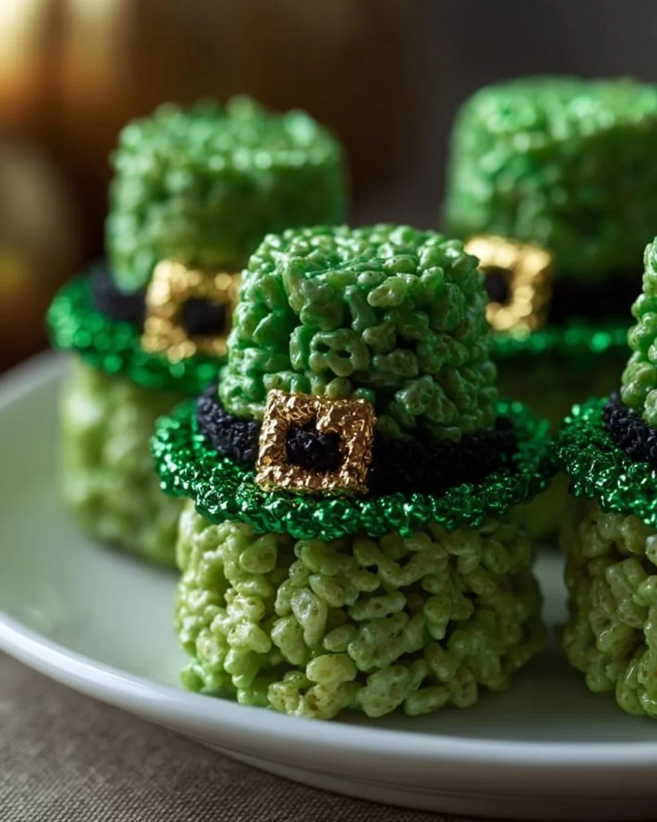 Leprechaun Hat Rice Krispie Treats decorated for St. Patrick's Day