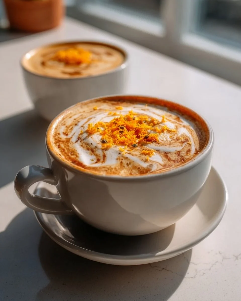 A cup of orange cardamom warm beverage topped with spices and citrus slices
