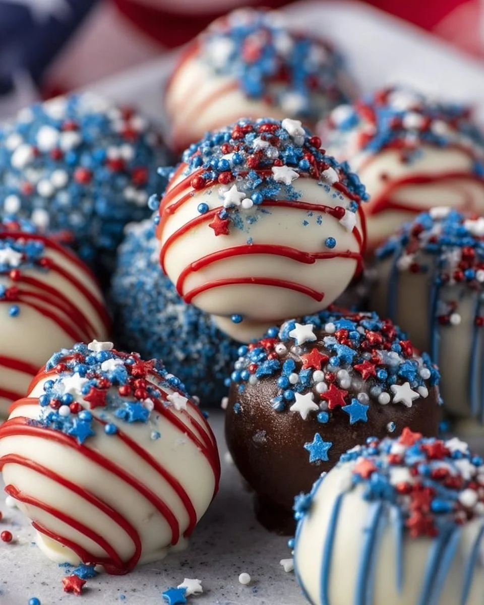 Delicious Patriotic Oreo Balls decorated with red, white, and blue sprinkles.