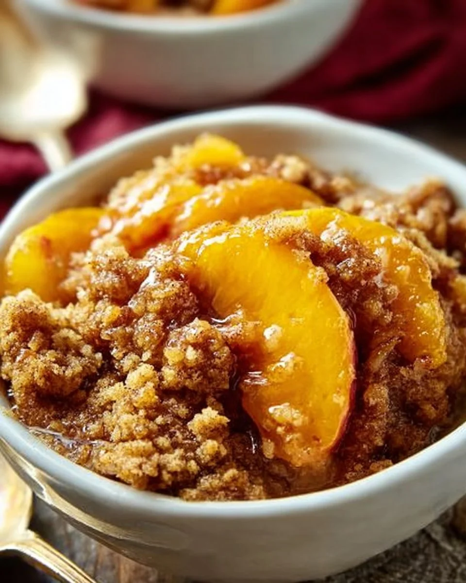 Delicious homemade Peach Crisp with juicy peaches and oat topping