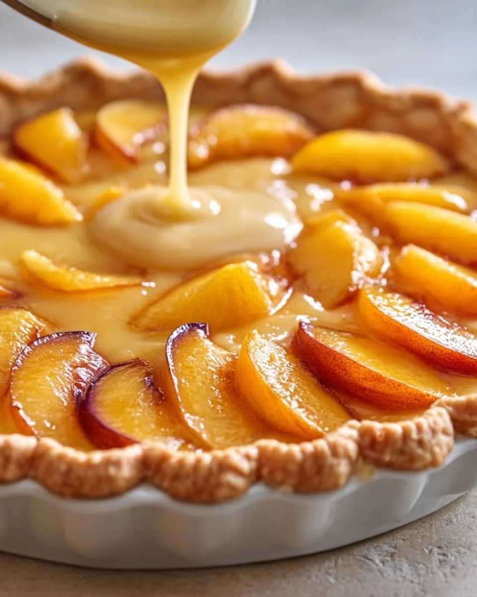 Delicious slice of Peach Custard Pie with fresh peaches and creamy texture