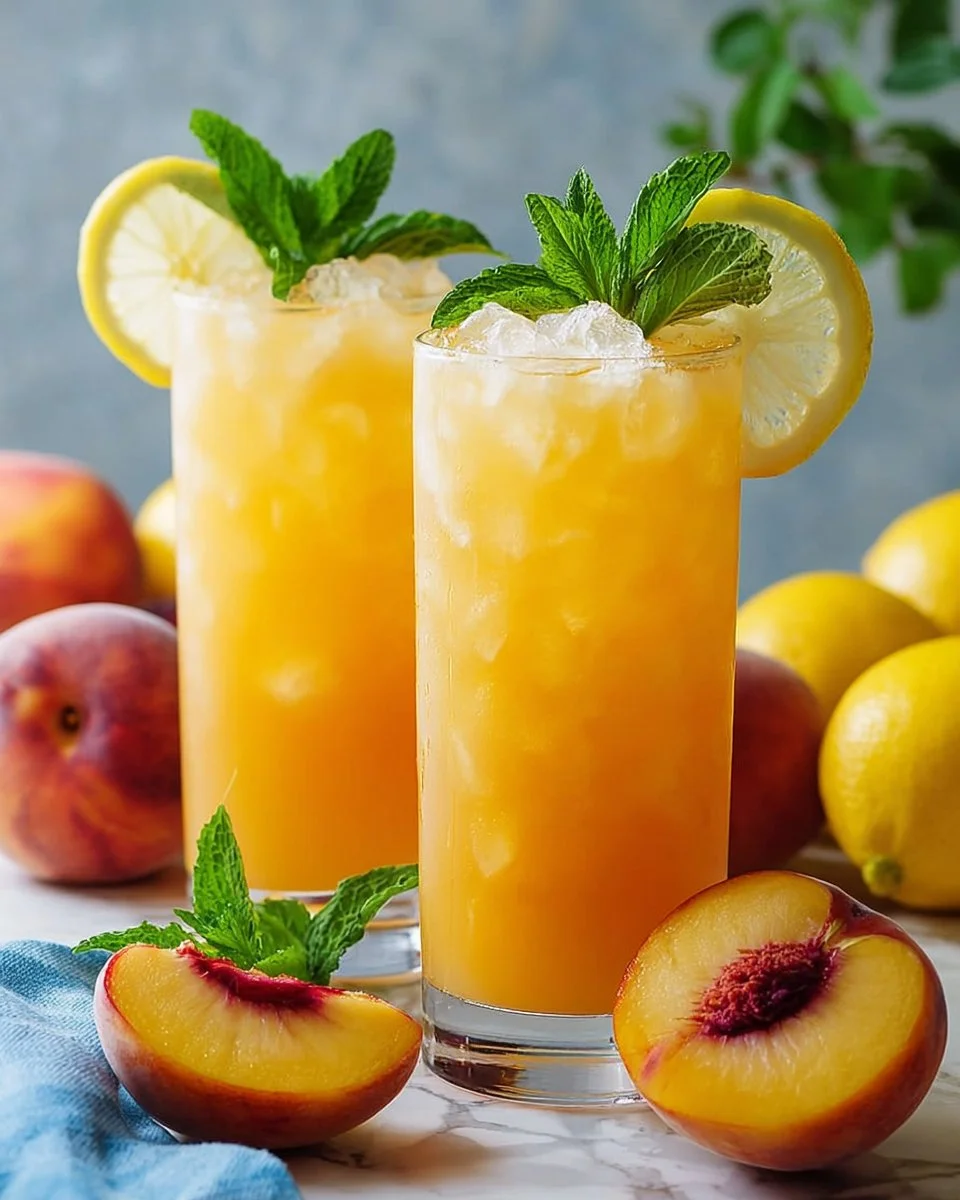 A refreshing glass of peach lemonade with fresh peaches and lemons