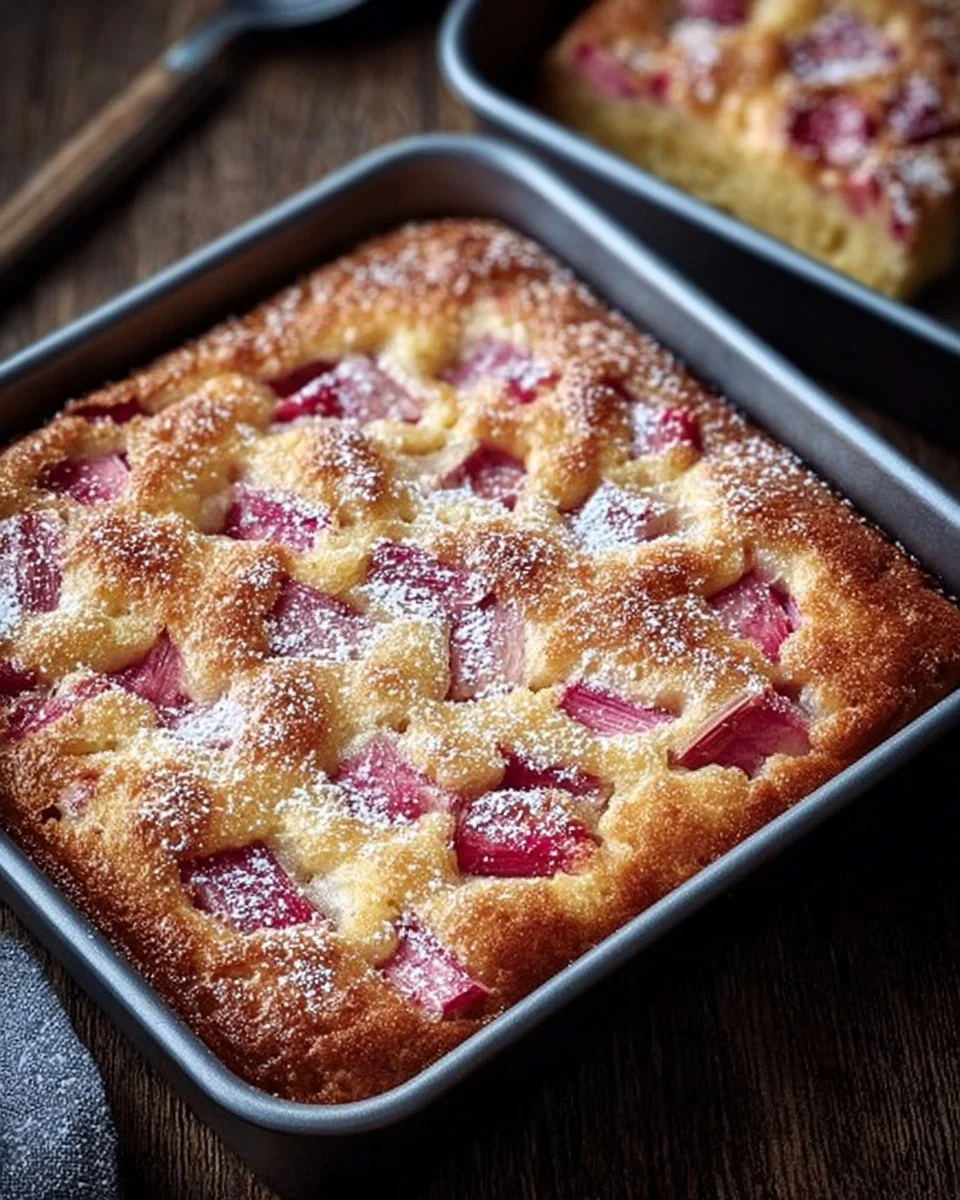 Homemade Rhubarb Custard Cake topped with fresh rhubarb and custard layers