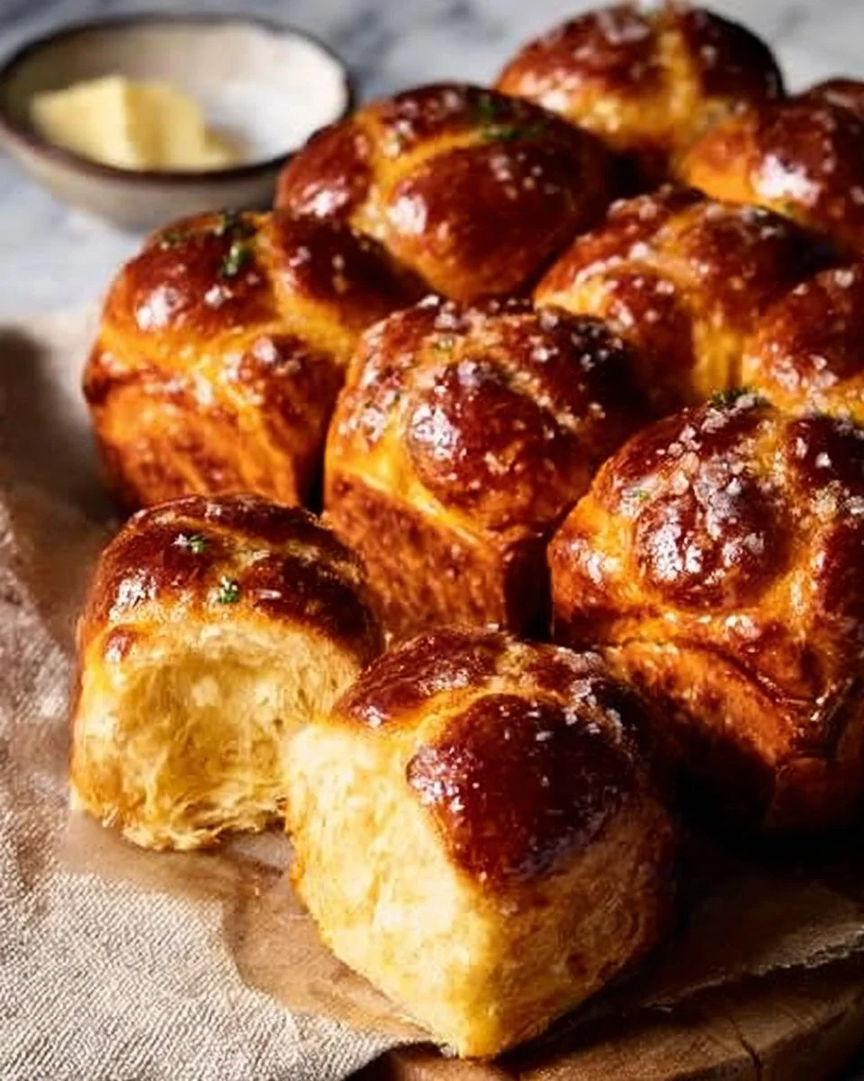 Freshly baked salted honey butter cheddar brioche rolls on a rustic wooden table.