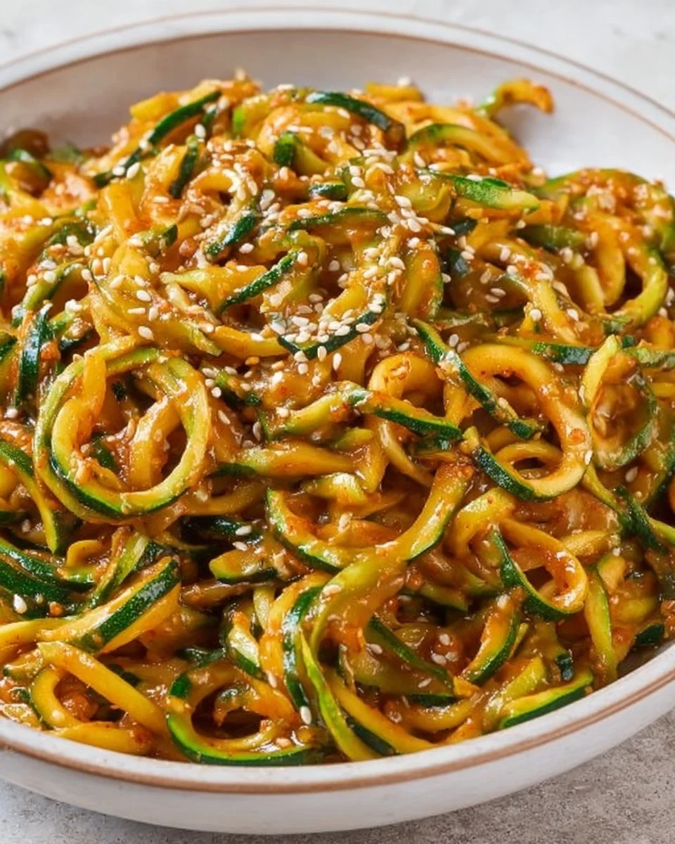 Spicy garlic Chinese zucchini noodles served in a bowl with garnishes