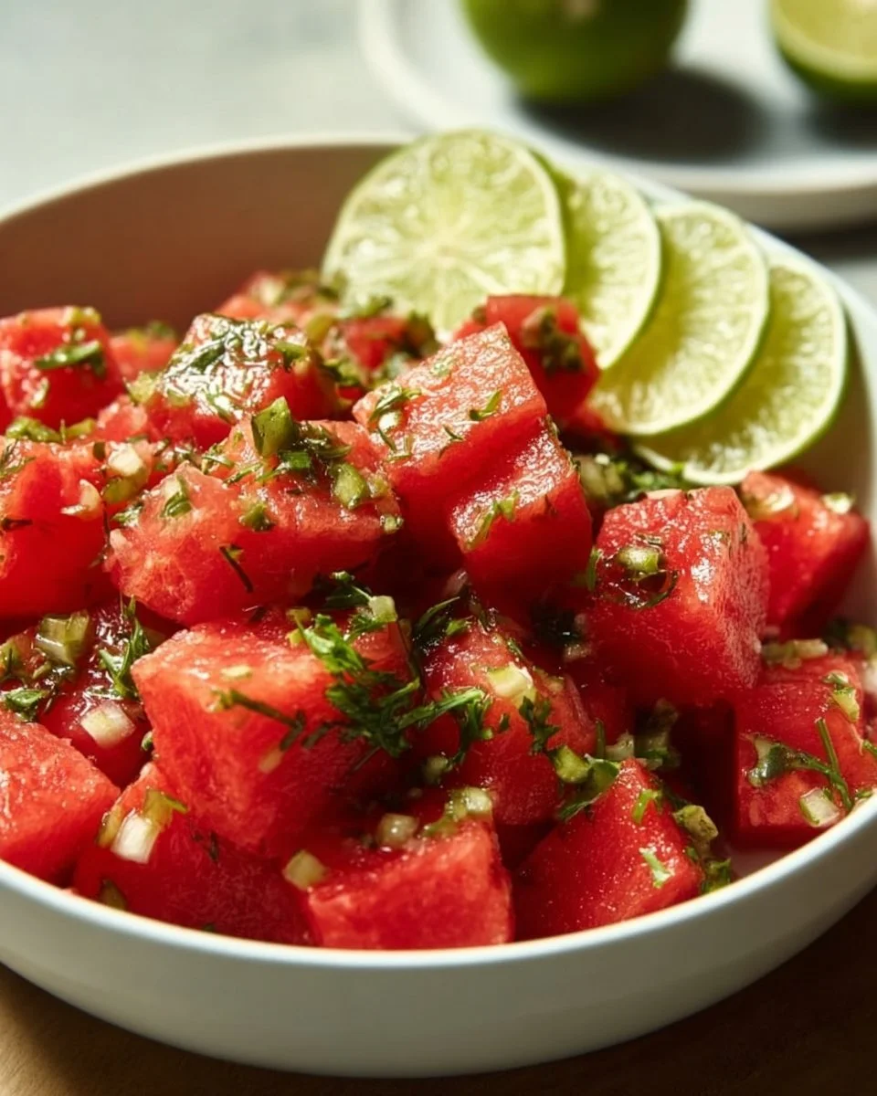 Delicious spicy watermelon salsa with fresh ingredients and a vibrant presentation.