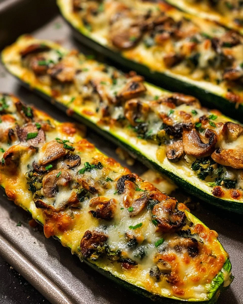 Spinach, mushroom, and ricotta stuffed zucchini boats served on a plate
