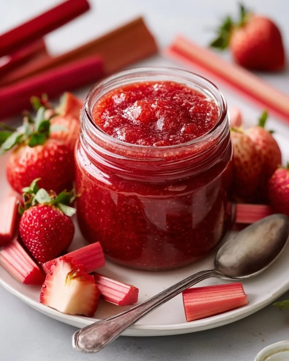 Homemade strawberry rhubarb jam with vanilla bean and cinnamon spice