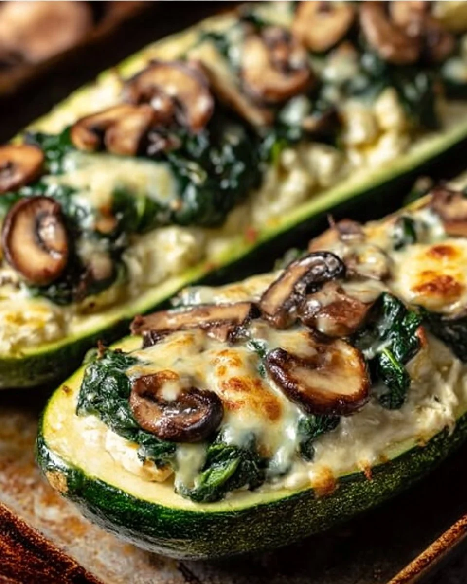 Stuffed zucchini with ricotta, mushrooms, and spinach on a white plate.