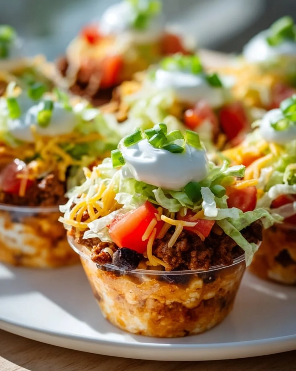Taco dip cups served in individual cups for a tasty snack or appetizer.