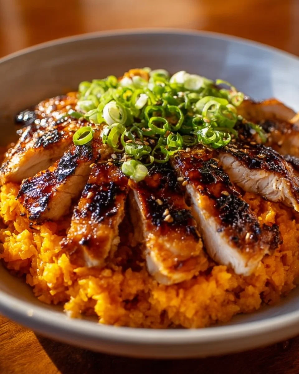 Delicious teriyaki chicken served with sweet potato and rice
