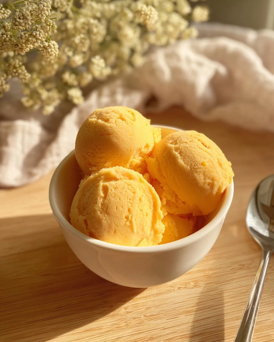 Three ingredient peach sorbet in a bowl with fresh peaches