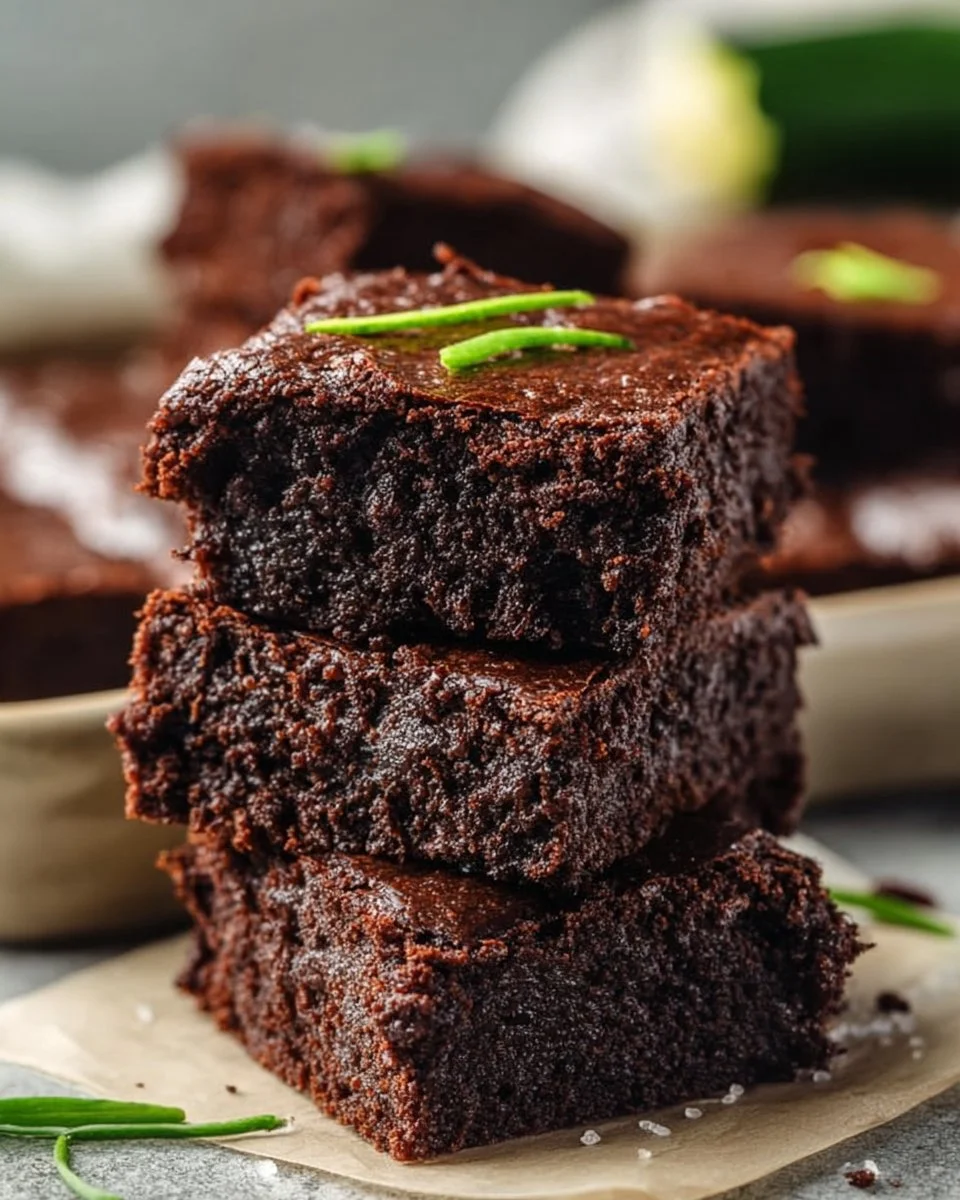 Ultimate fudgy zucchini brownies topped with chocolate drizzle on a plate