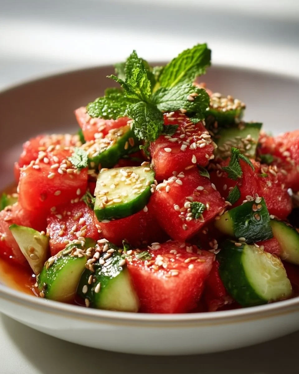 Delicious Watermelon Cucumber Salad with fresh ingredients in a bowl.