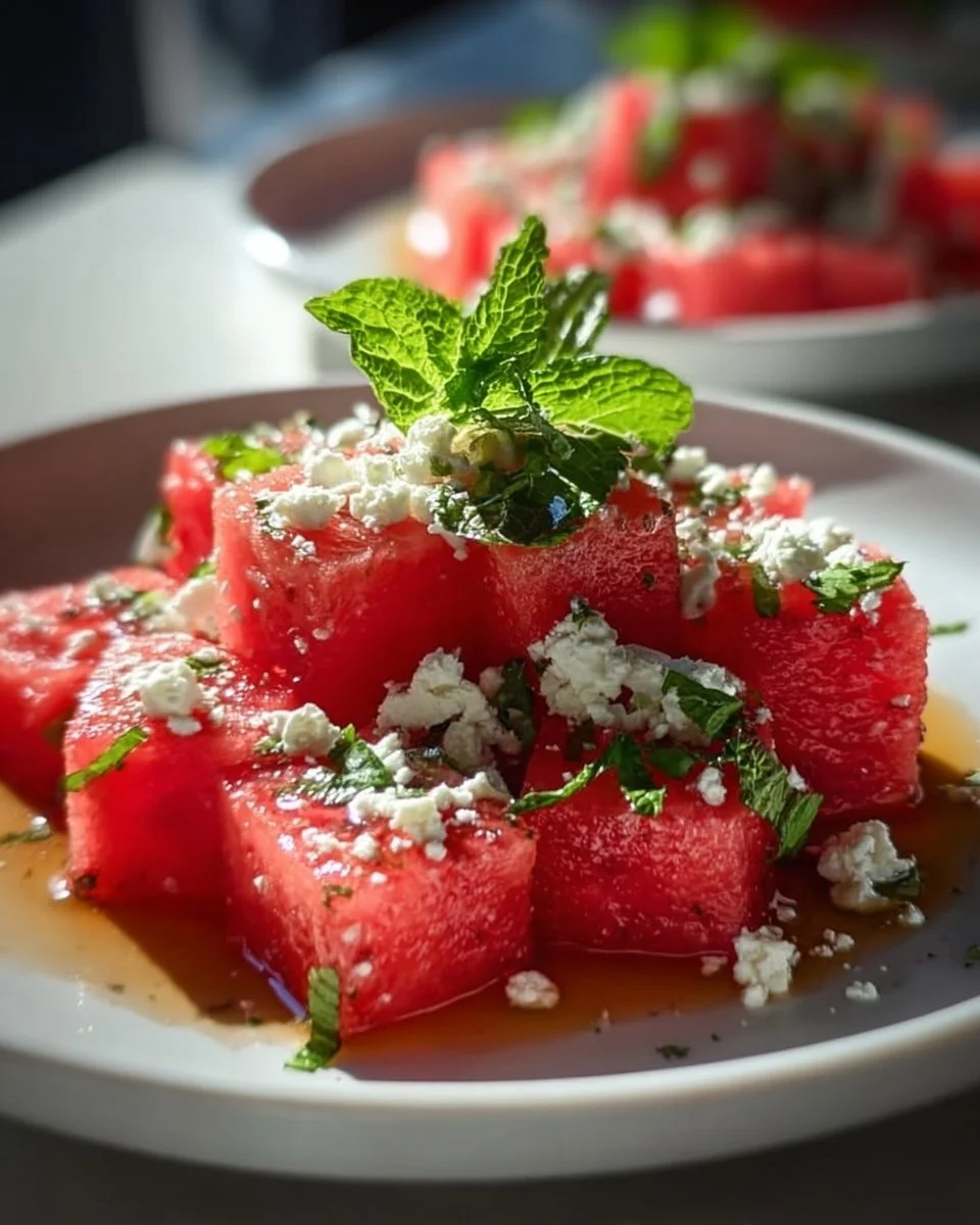 Delicious Watermelon Feta Mint Salad served in a bowl