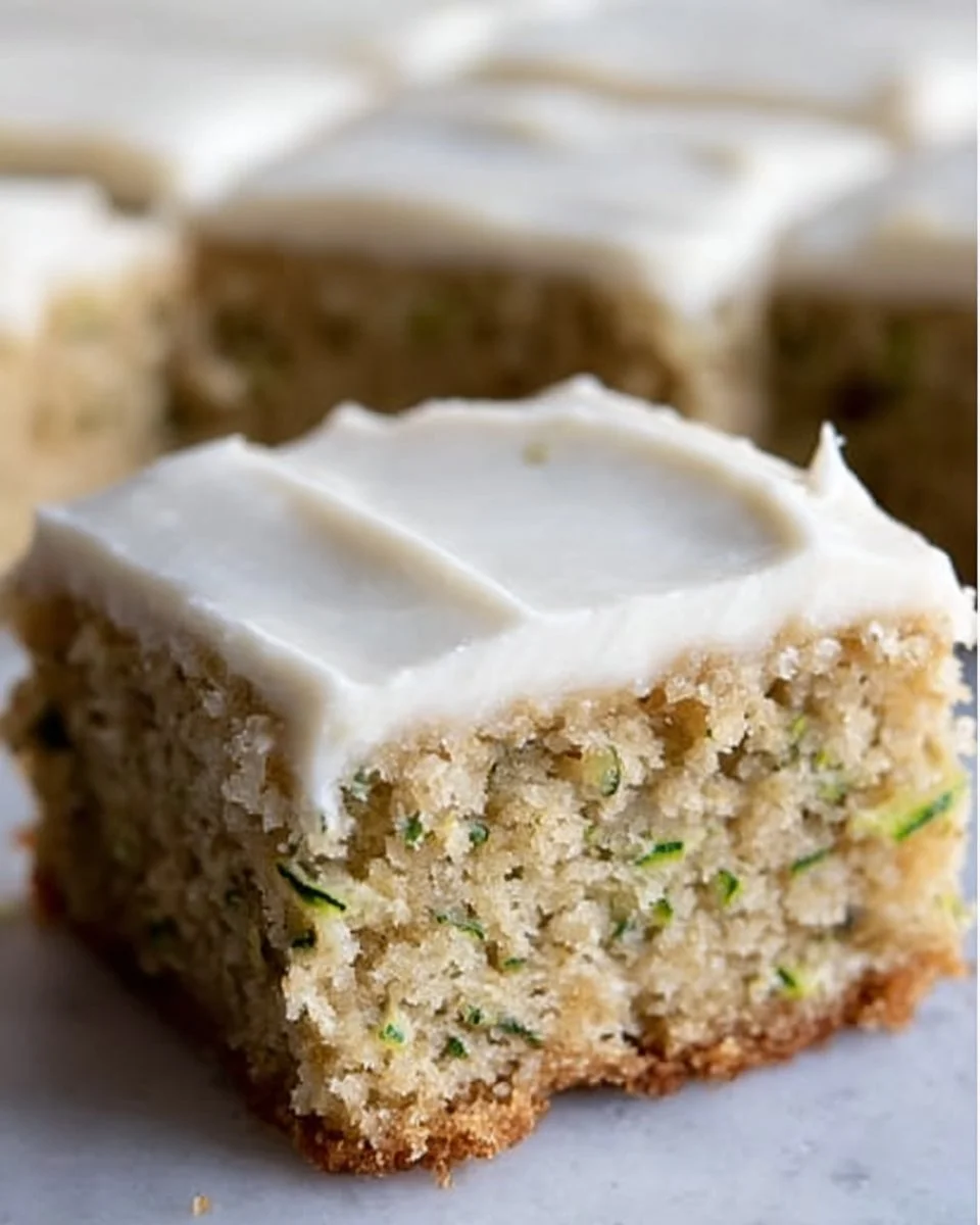Delicious zucchini bars topped with cream cheese frosting on a rustic background
