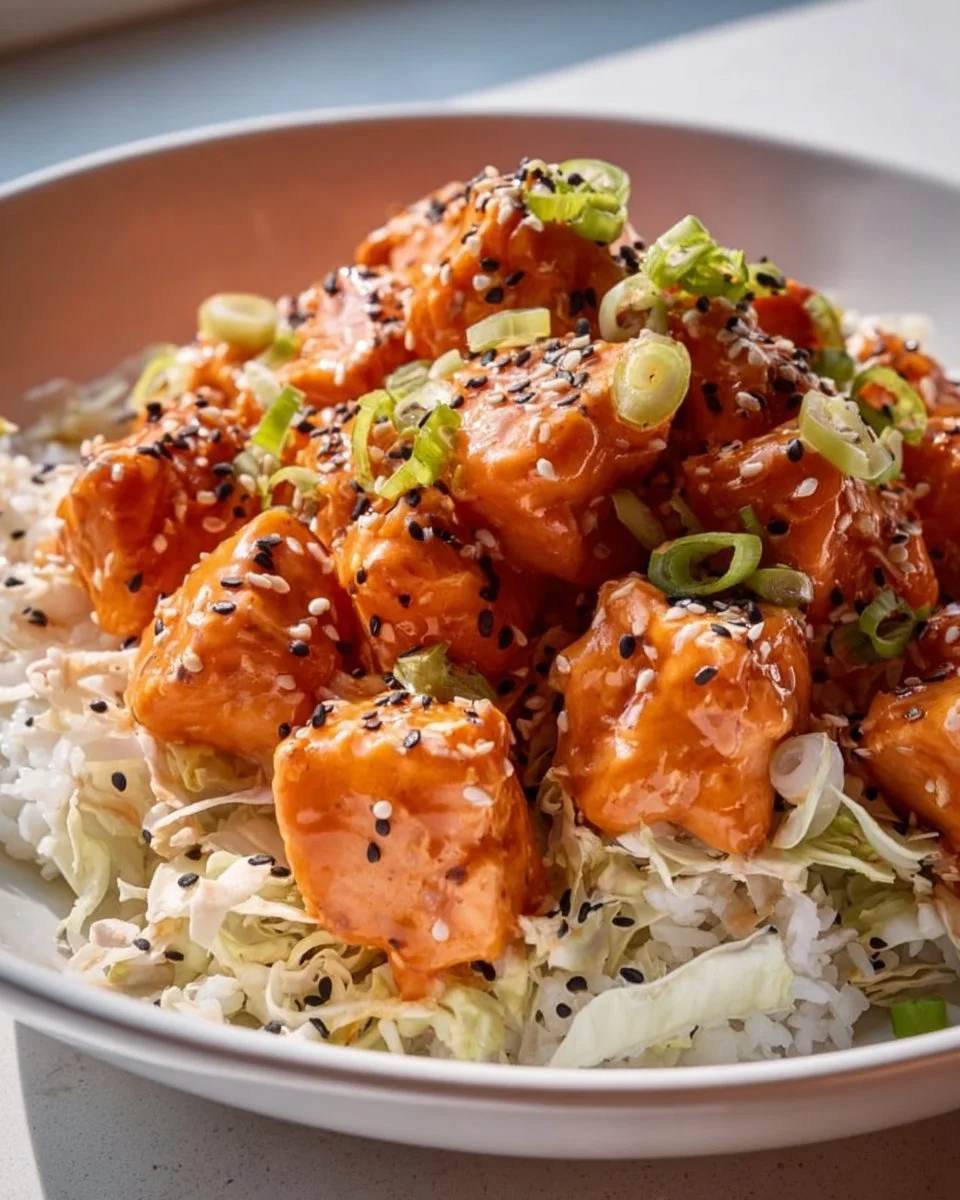 Bang Bang Salmon Bites Bowl with crispy salmon bites and fresh vegetables