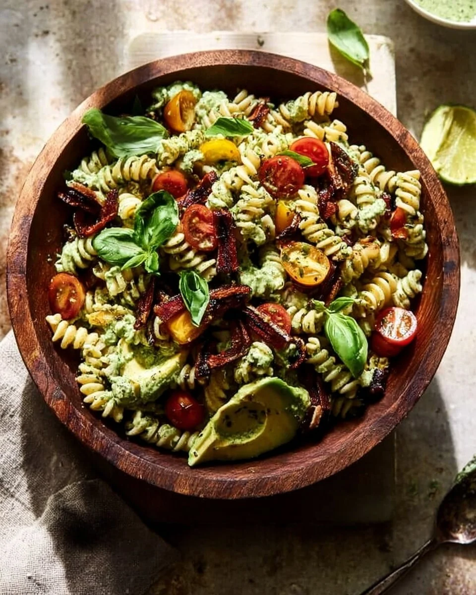 Delicious BLT Pasta Salad with bacon, lettuce, and tomatoes served in a bowl.