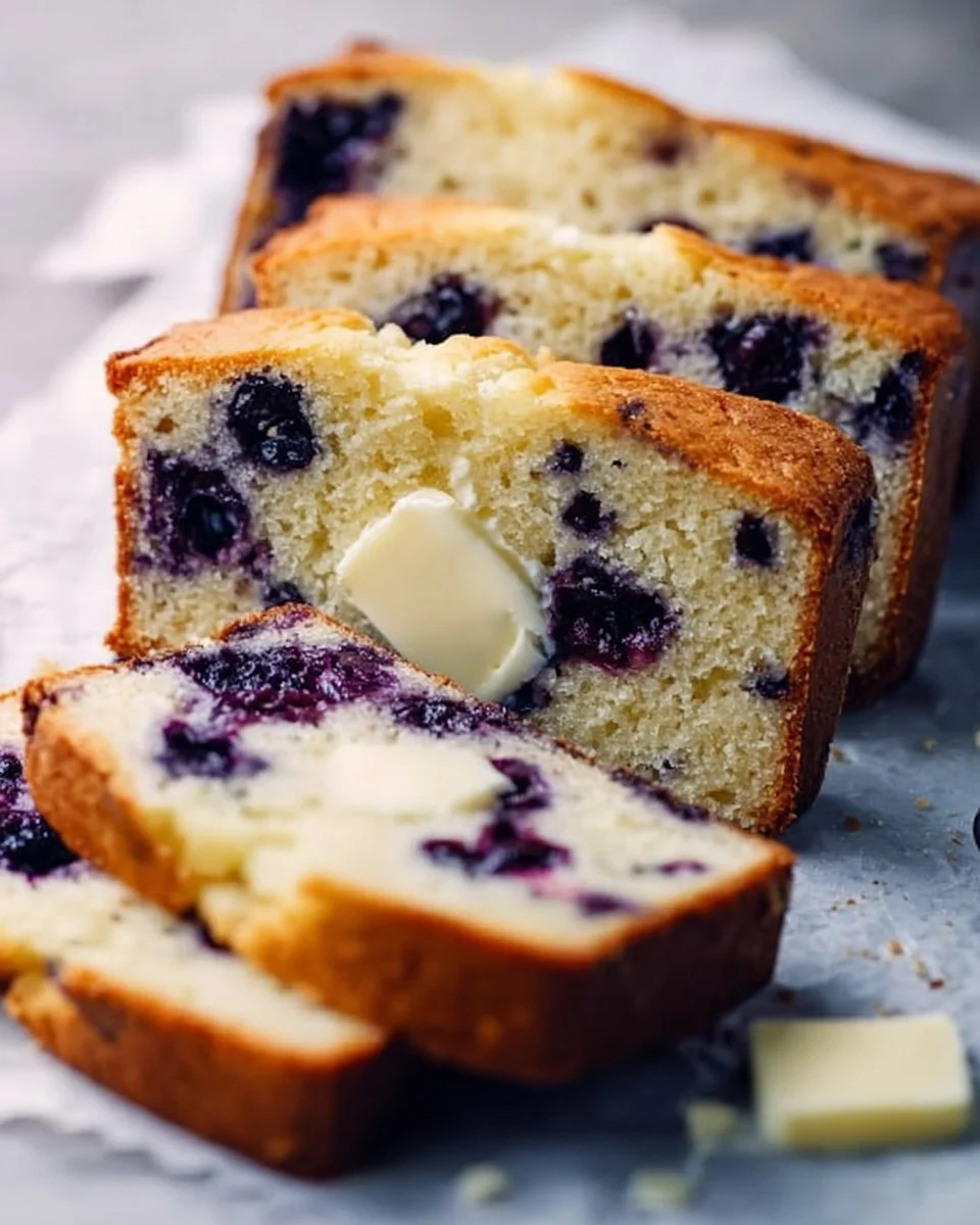 Slice of blueberry lemon quick bread on a wooden table with blueberries