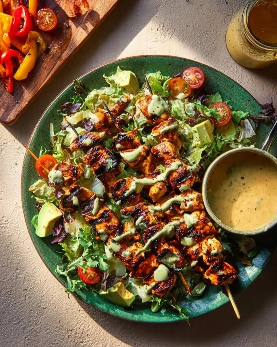 Delicious Buffalo Chicken Skewer Salad served in a bowl with fresh veggies.