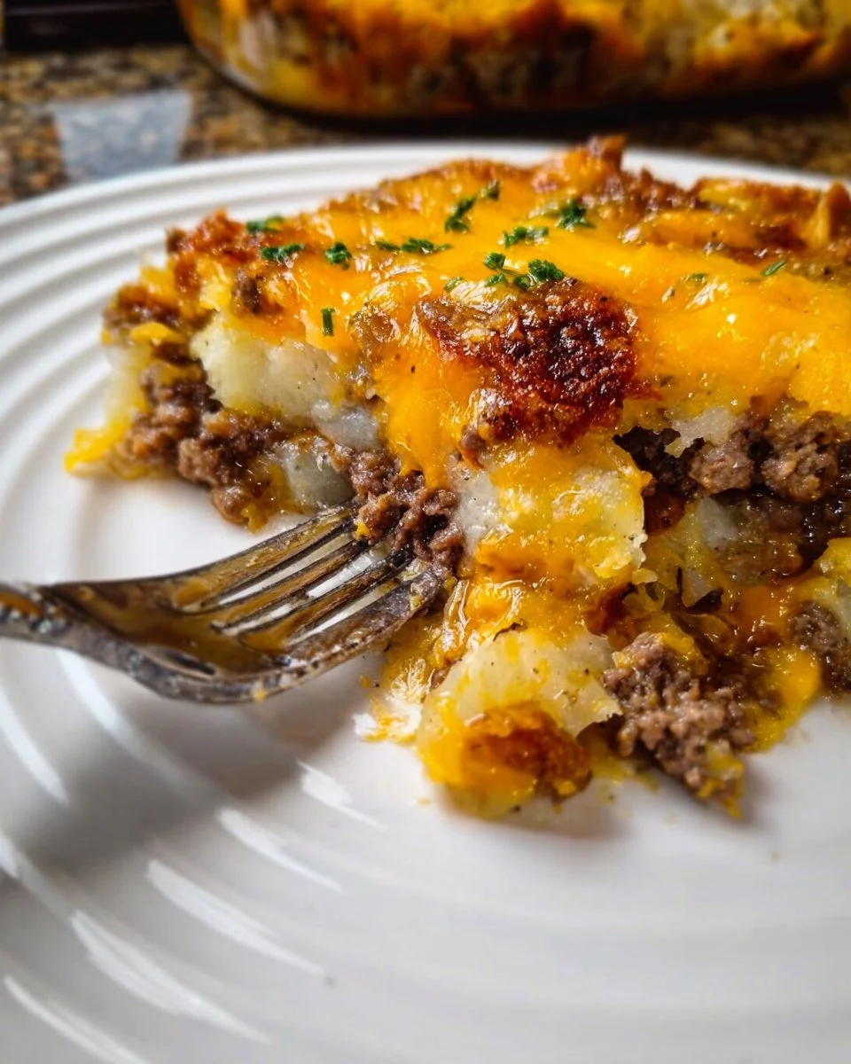 Cheesy hamburger potato bake topped with melted cheese and fresh herbs