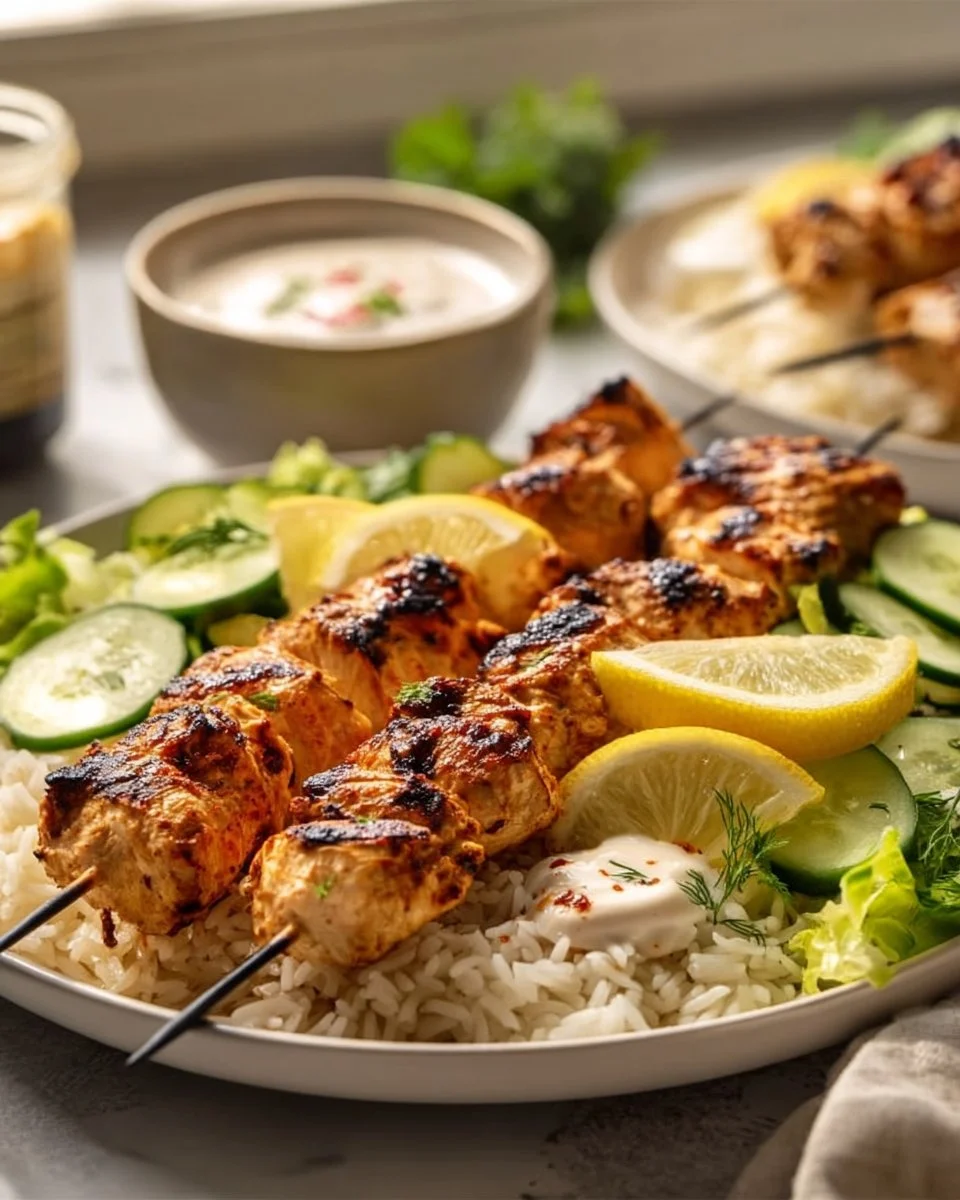 Delicious Chicken Shish Tawook served with fresh vegetables and sauce.