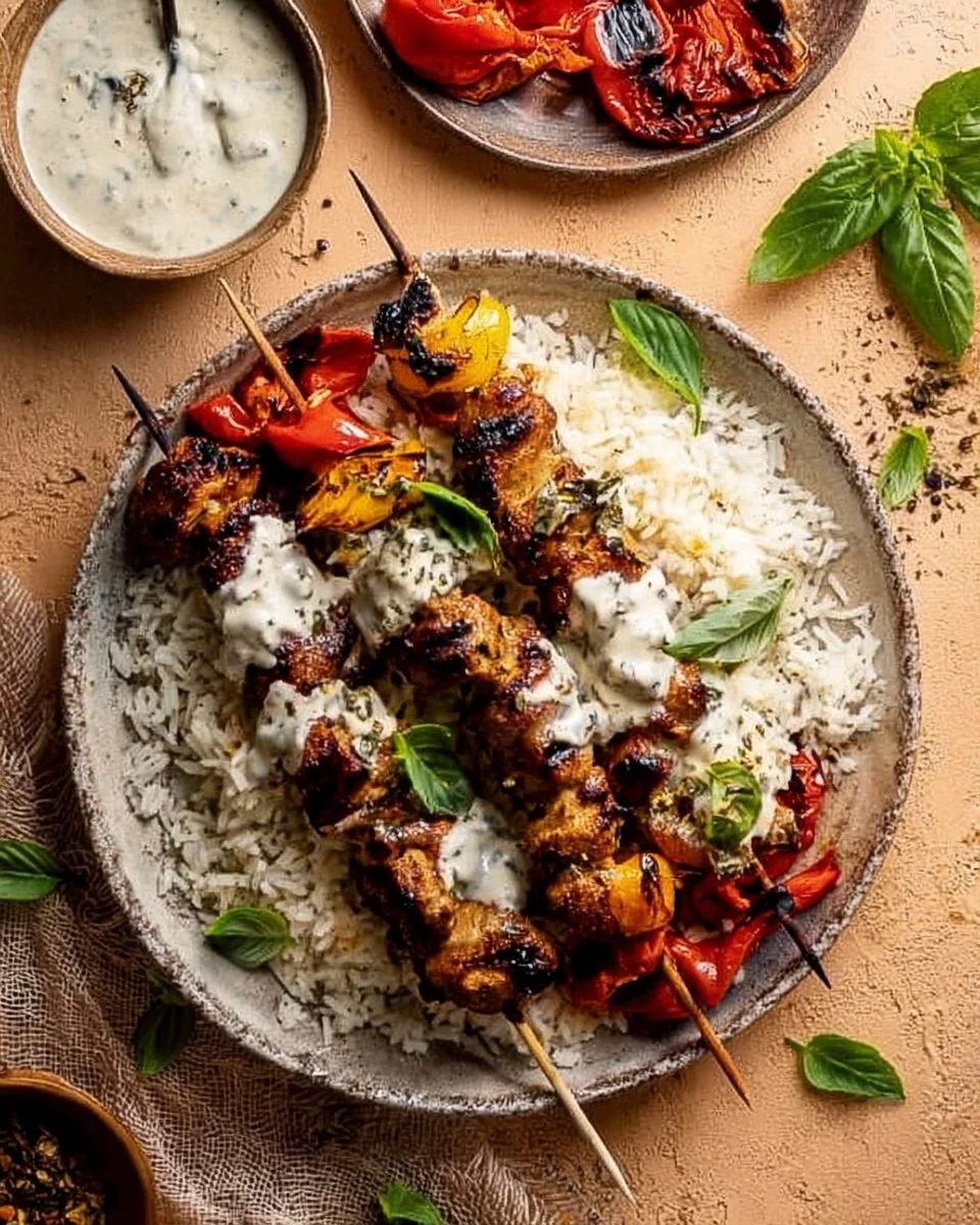 Delicious Chicken Tzatziki Rice Bowl topped with fresh cucumbers and herbs