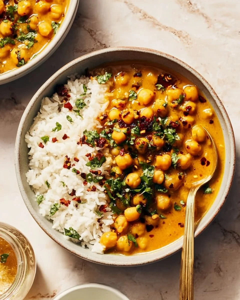 Delicious chickpea spinach curry in a bowl, garnished with fresh herbs.