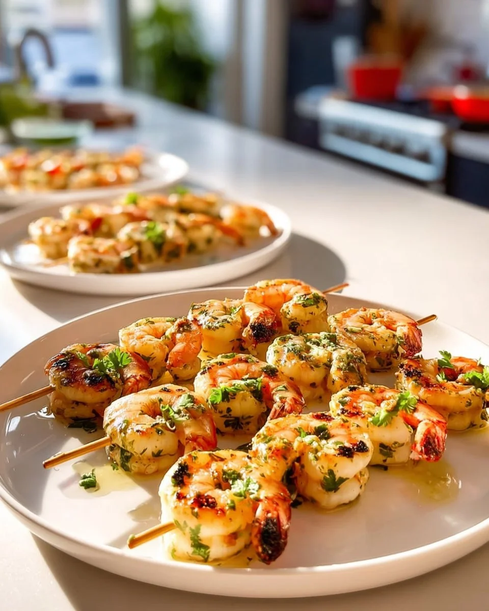 Grilled cilantro-lime shrimp skewers garnished and ready to serve