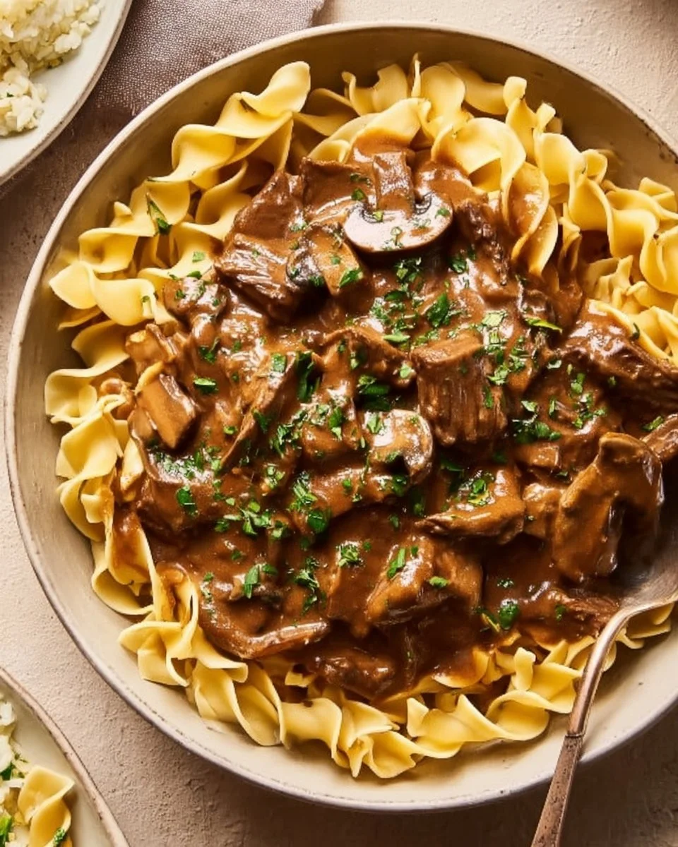 Delicious classic beef stroganoff served on a plate with mushrooms and noodles.
