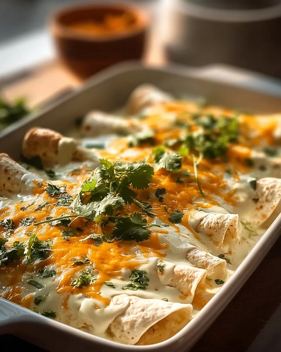 Creamy chicken enchiladas topped with white sauce and fresh garnishes