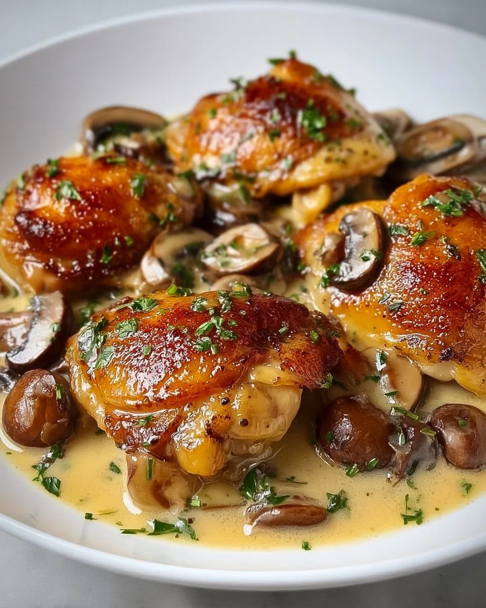 Creamy Garlic Mushroom Chicken Thighs recipe with rich sauce and tender meat