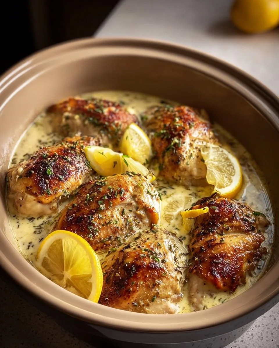 Creamy lemon chicken breasts cooked in a Crock Pot for a flavorful meal