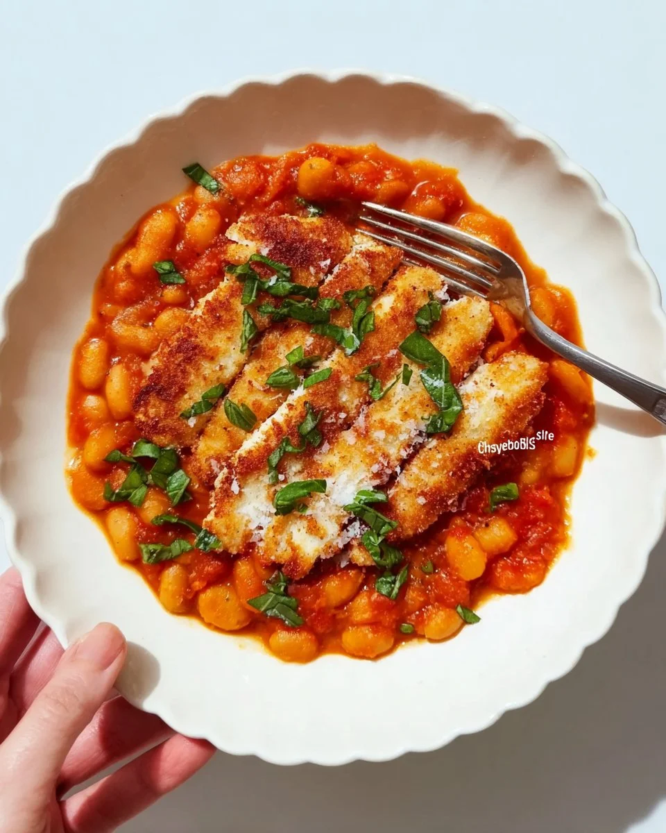 Crispy chicken dish served with creamy tomato beans.
